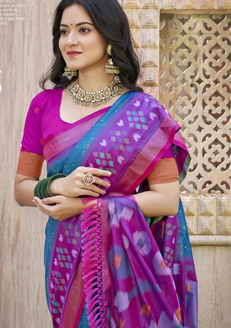 Sea Green Woven Zari Work Pochampalli Silk Saree Set - Indya