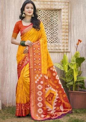 Yellow Woven Zari Work Pochampalli Silk Saree Set