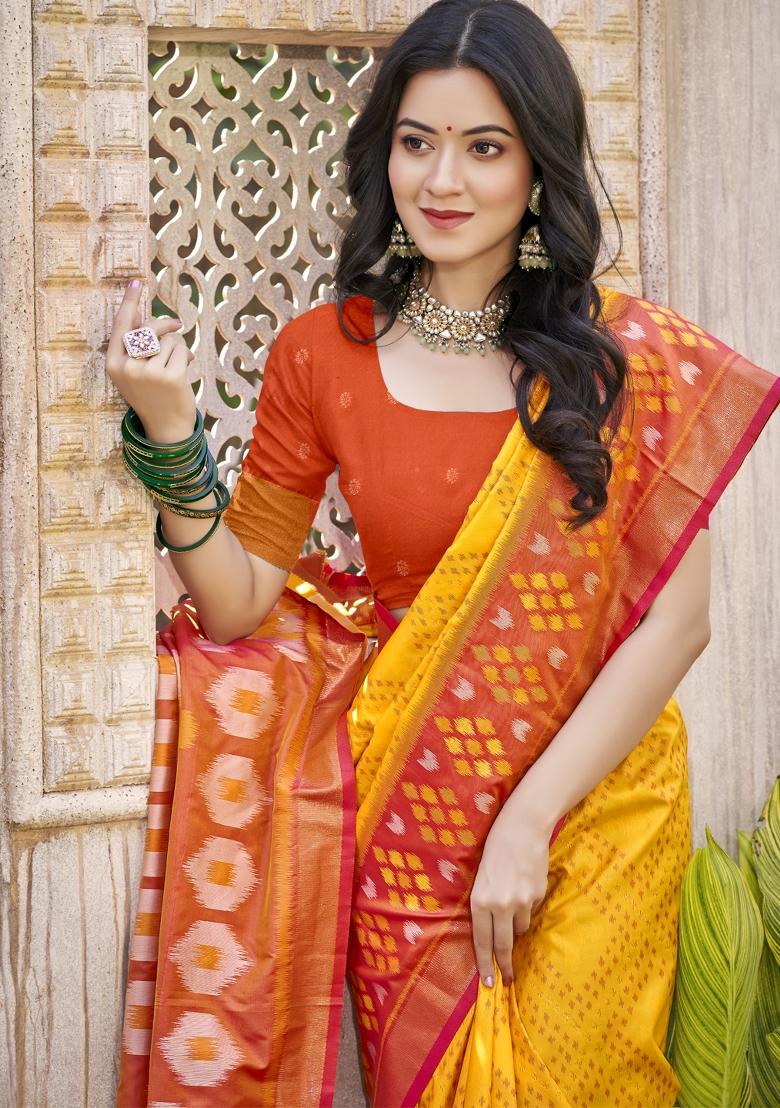 Yellow Woven Zari Work Pochampalli Silk Saree Set - Indya