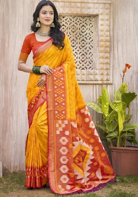 Yellow Woven Zari Work Pochampalli Silk Blend Saree Set