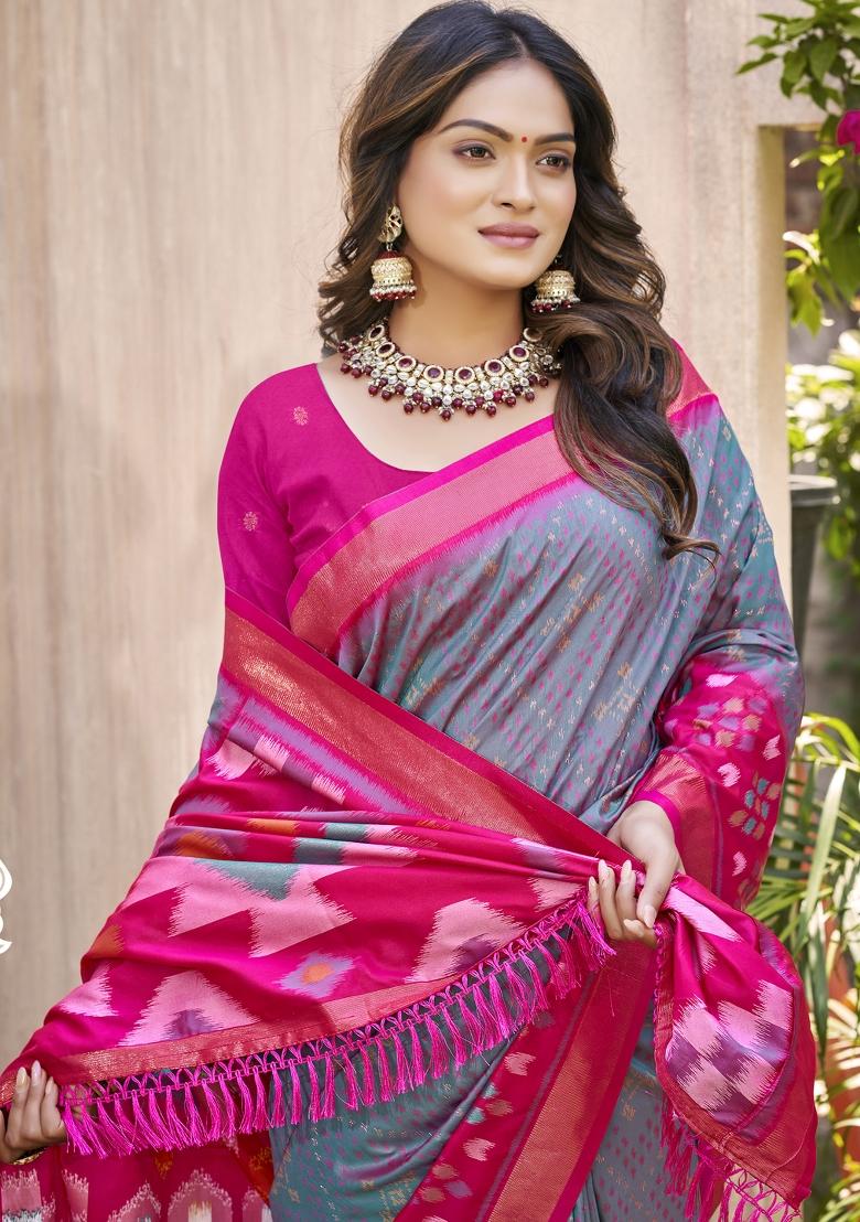 Grey Woven Zari Work Pochampalli Silk Saree Set - Indya