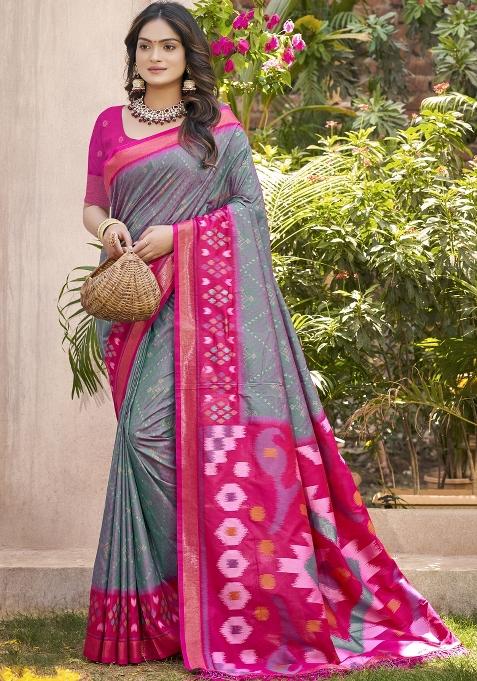 Grey Woven Zari Work Pochampalli Silk Blend Saree Set