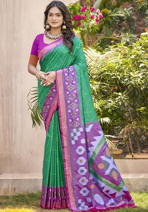 Rama Green Woven Zari Work Pochampalli Silk Blend Saree Set