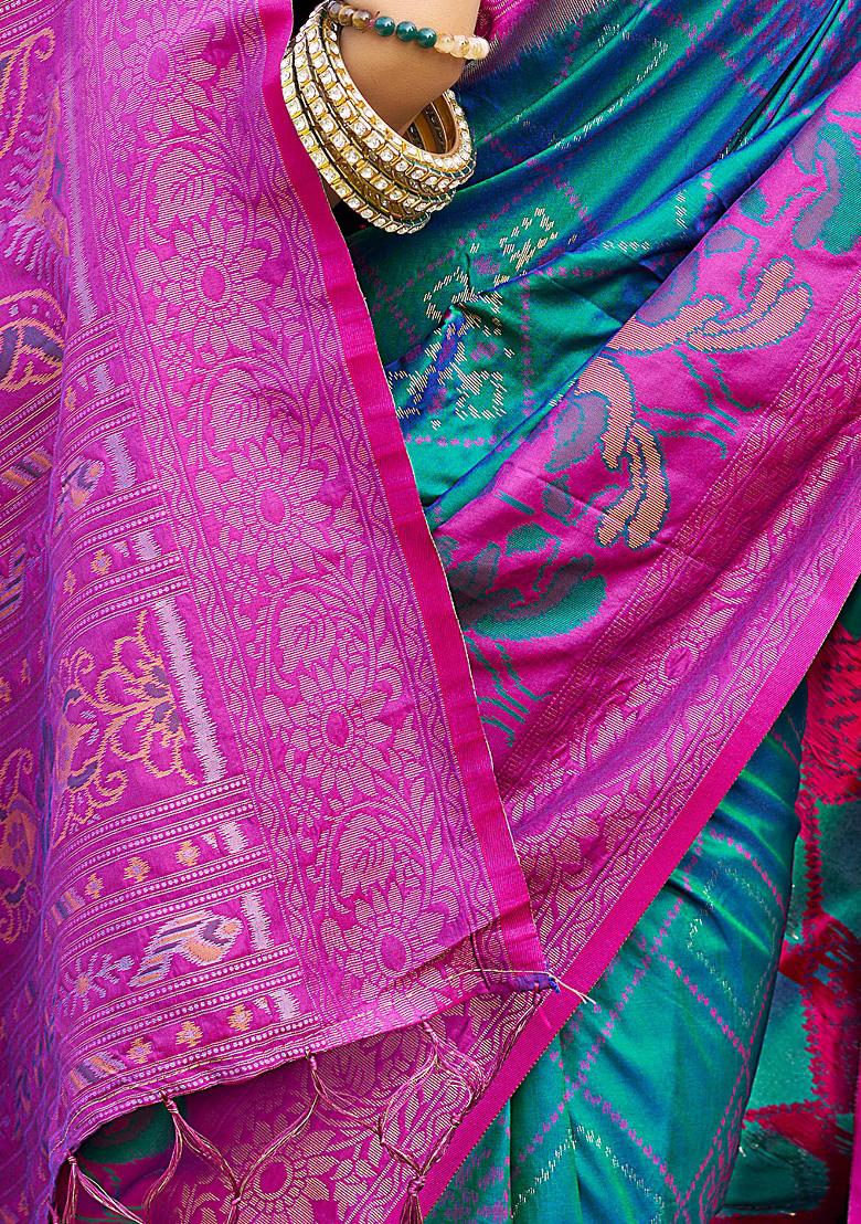 Teal Blue Woven Zari Work Pochampalli Silk Saree Set - Indya