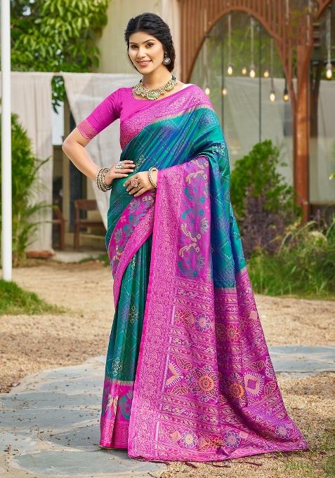 Teal Blue Woven Zari Work Pochampalli Silk Blend Saree Set