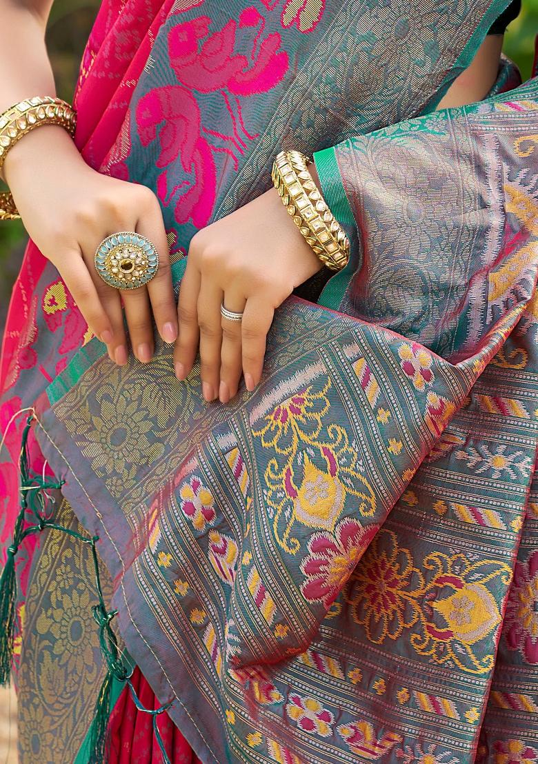 Pink Woven Zari Work Pochampalli Silk Saree Set - Indya