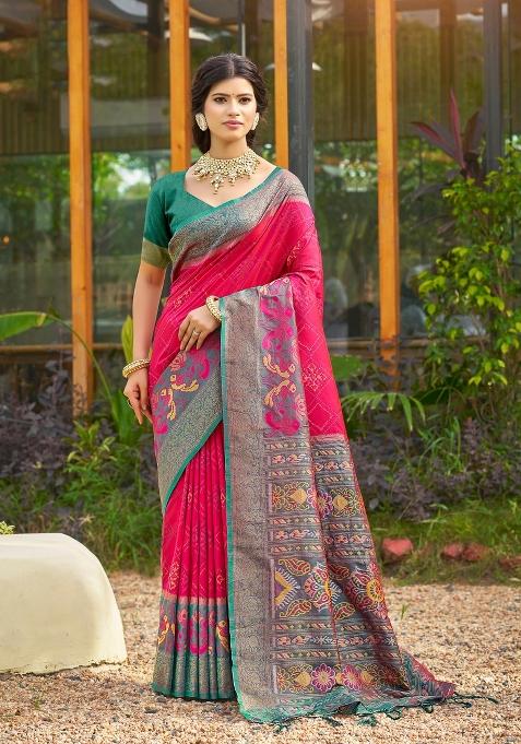 Pink Woven Zari Work Pochampalli Silk Blend Saree Set