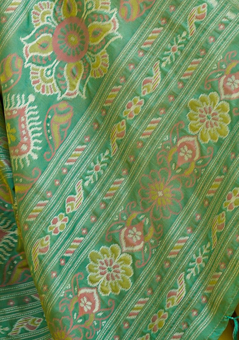 Yellow And Green Woven Zari Work Pochampalli Silk Saree Set - Indya