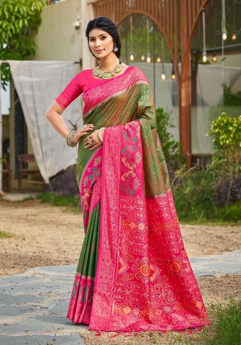 Green And Pink Woven Zari Work Pochampalli Silk Blend Saree Set