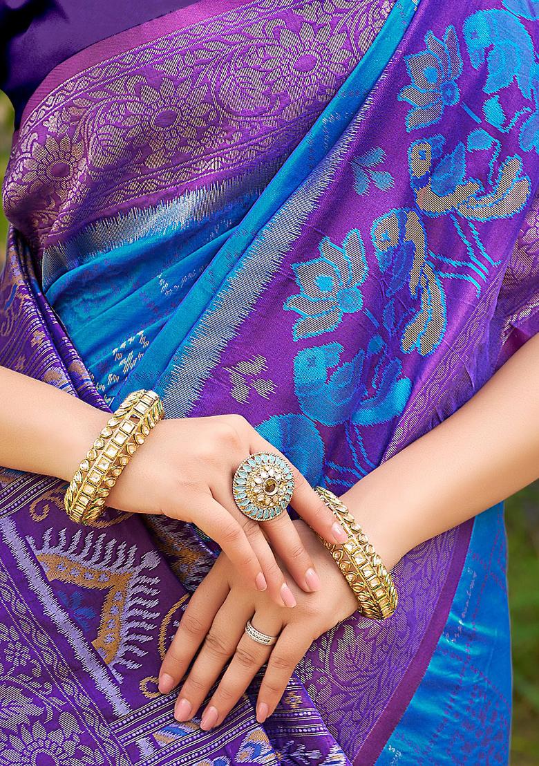 Blue And Purple Woven Zari Work Pochampalli Silk Saree Set - Indya