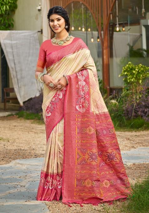 Cream Woven Zari Work Pochampalli Silk Blend Saree Set