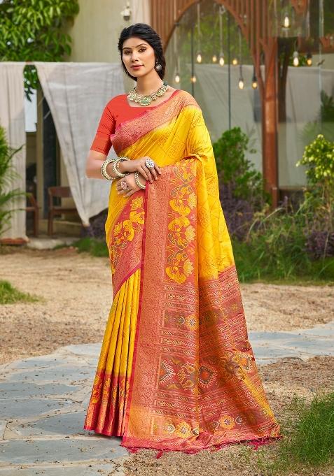 Yellow Woven Zari Work Pochampalli Silk Saree Set