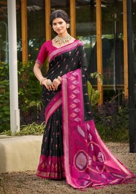 Black Woven Zari Work Pochampalli Silk Saree Set