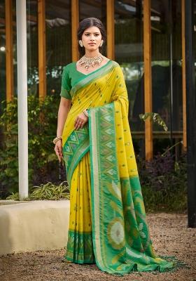 Yellow Woven Zari Work Pochampalli Silk Saree Set