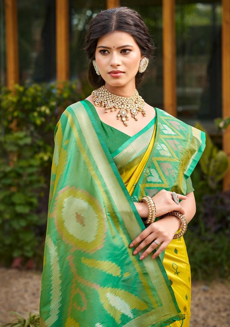 Yellow Woven Zari Work Pochampalli Silk Saree Set - Indya