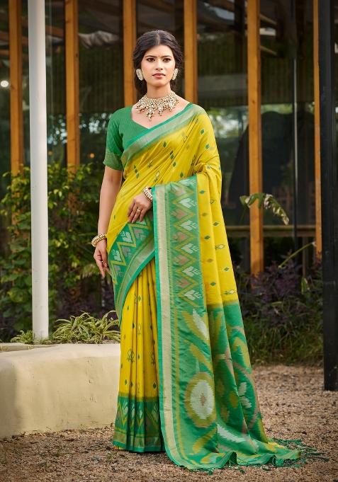 Yellow Woven Zari Work Pochampalli Silk Blend Saree Set