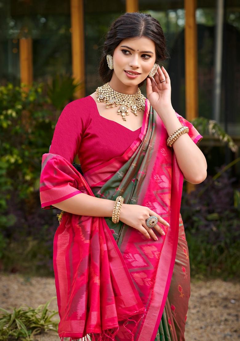 Olive Green Woven Zari Work Pochampalli Silk Saree Set - Indya