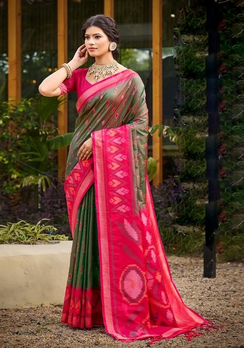 Olive Green Woven Zari Work Pochampalli Silk Saree Set