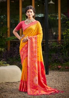 Yellow Woven Zari Work Pochampalli Silk Saree Set