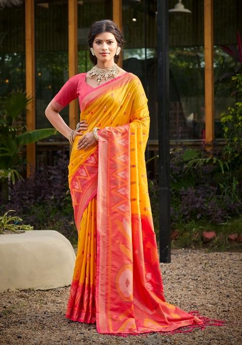 Yellow Woven Zari Work Pochampalli Silk Blend Saree Set