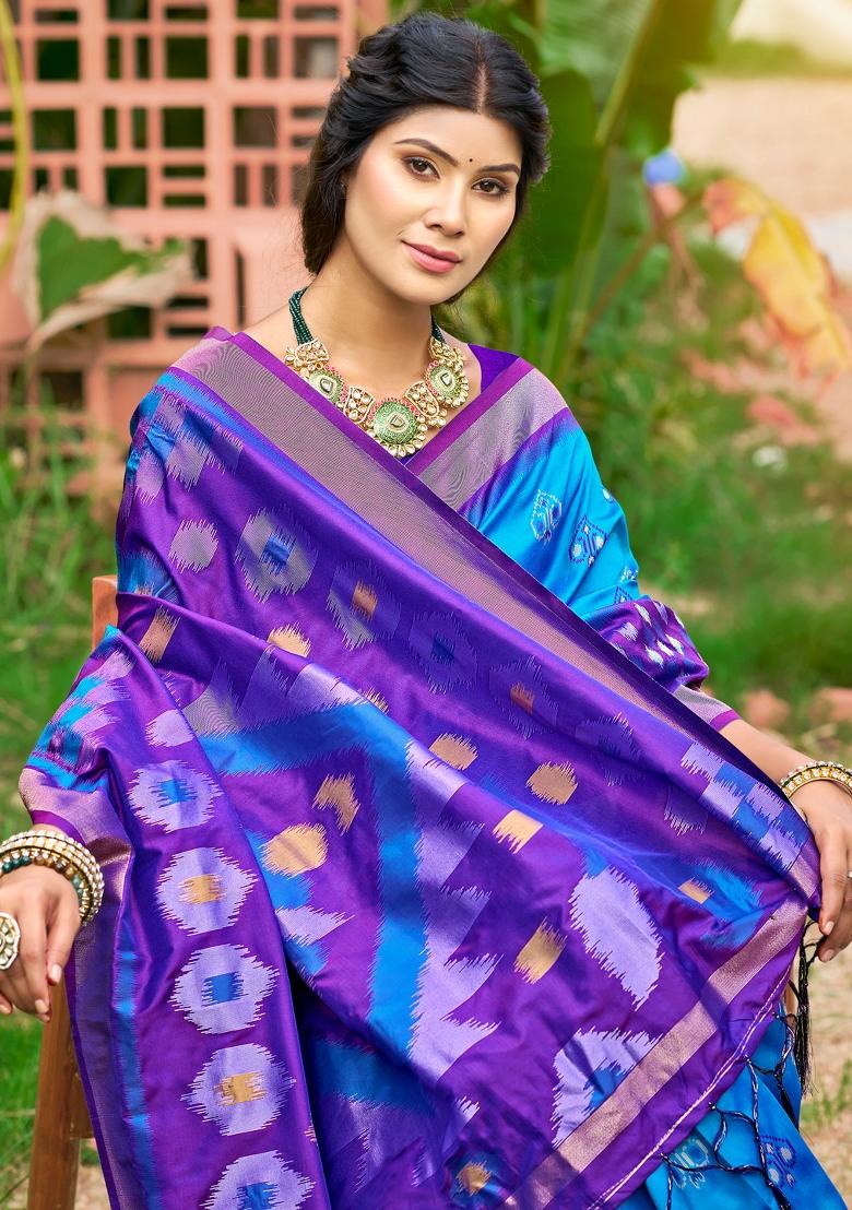 Blue Woven Zari Work Pochampalli Silk Saree Set - Indya