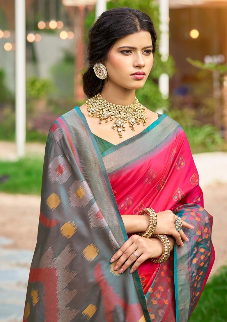 Pink Woven Zari Work Pochampalli Silk Saree Set - Indya