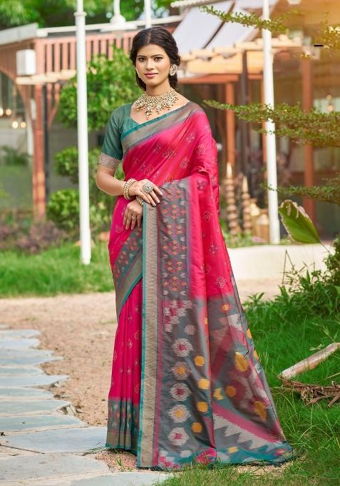 Pink Woven Zari Work Pochampalli Silk Blend Saree Set