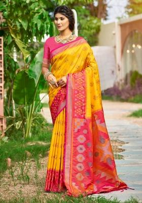 Yellow Woven Zari Work Pochampalli Silk Saree Set