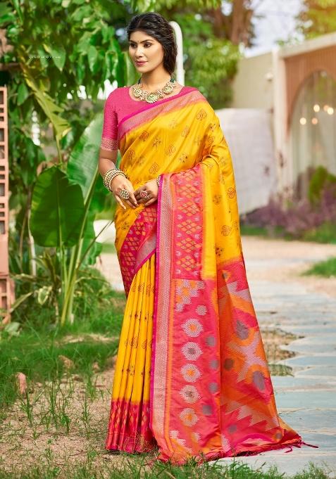 Yellow Woven Zari Work Pochampalli Silk Saree Set