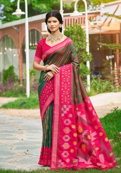 Olive Green Woven Zari Work Pochampalli Silk Blend Saree Set
