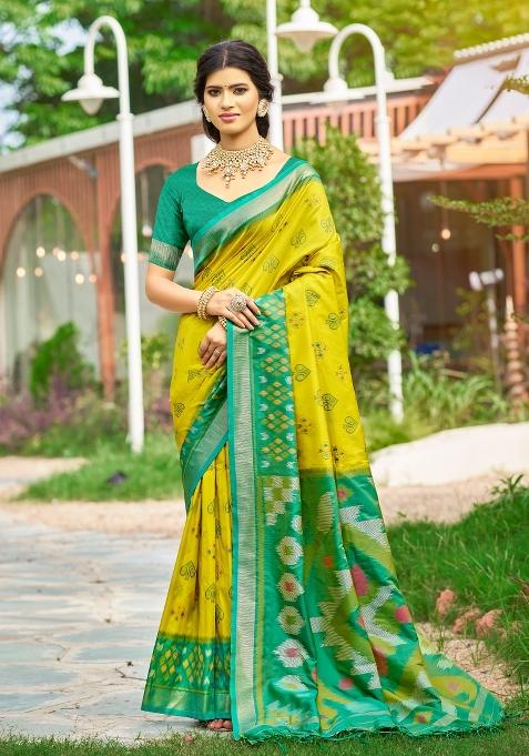Mustard Yellow Woven Zari Work Pochampalli Silk Blend Saree Set