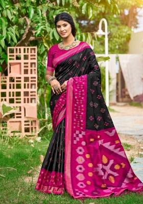 Black And Pink Woven Zari Work Pochampalli Silk Saree Set