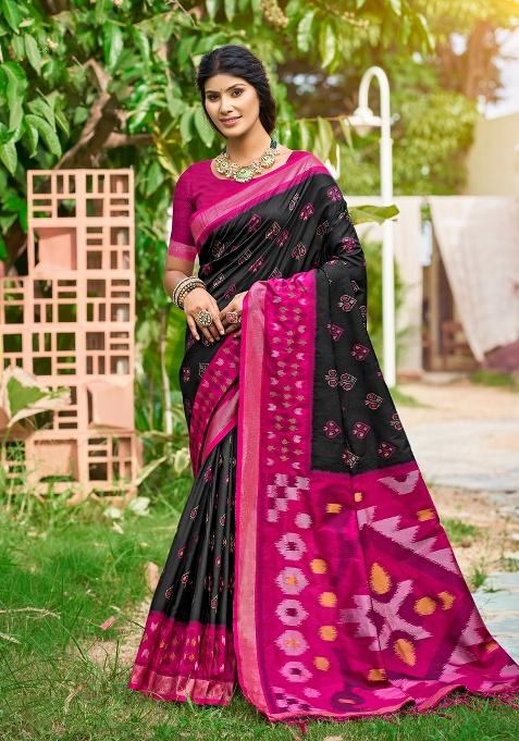 Black And Pink Woven Zari Work Pochampalli Silk Blend Saree Set