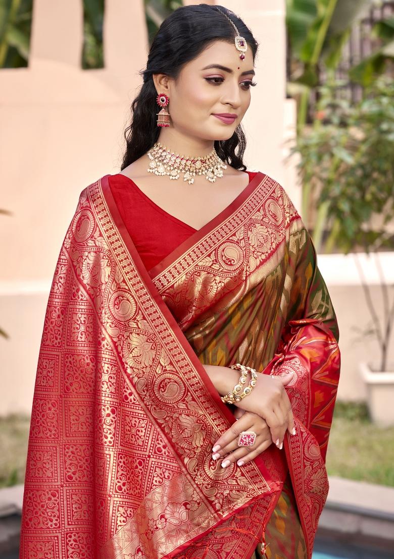 Mhendi Green Woven Zari Work Pochampalli Silk Saree Set - Indya