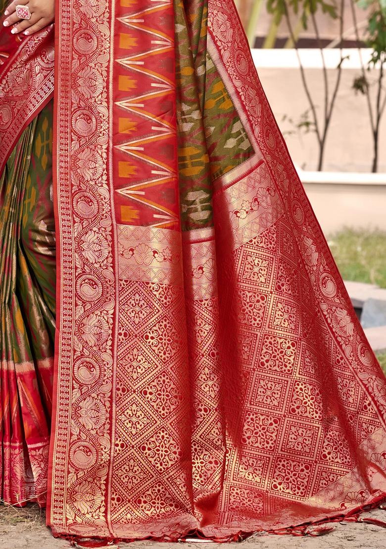 Mhendi Green Woven Zari Work Pochampalli Silk Saree Set - Indya