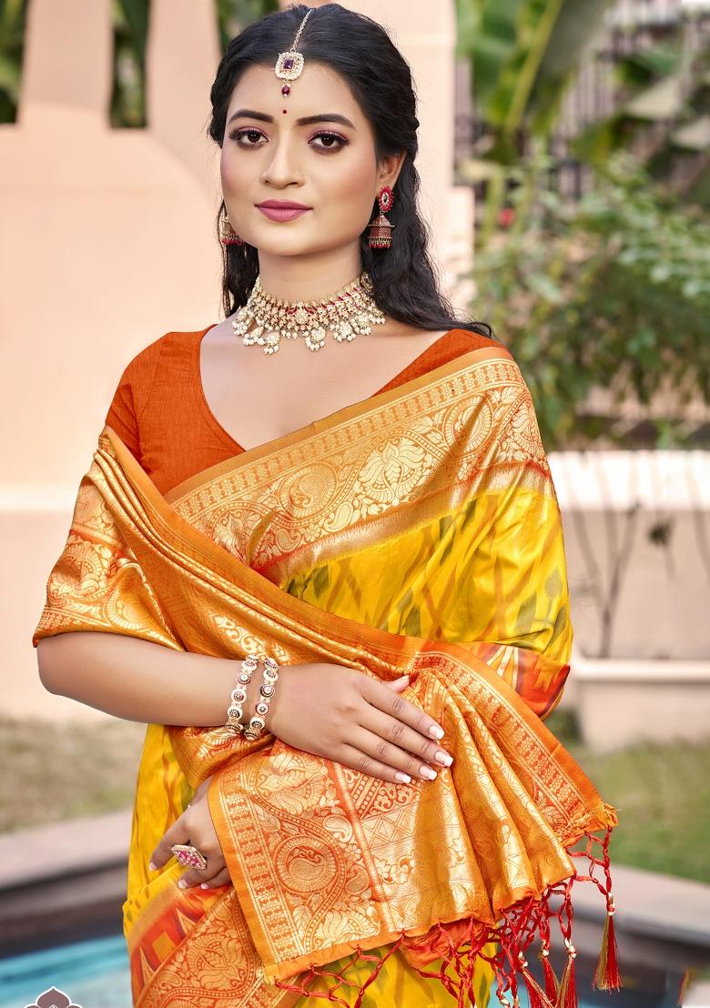 Yellow Woven Zari Work Pochampalli Silk Saree Set - Indya