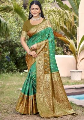 Green Woven Zari Work Pochampalli Silk Saree Set