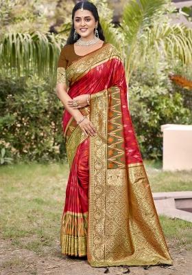 Red Woven Zari Work Pochampalli Silk Saree Set