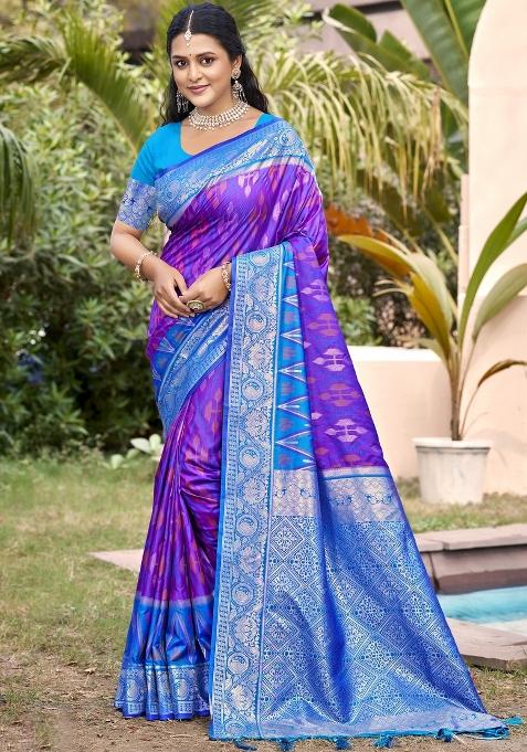 Violet Woven Zari Work Pochampalli Silk Blend Saree Set