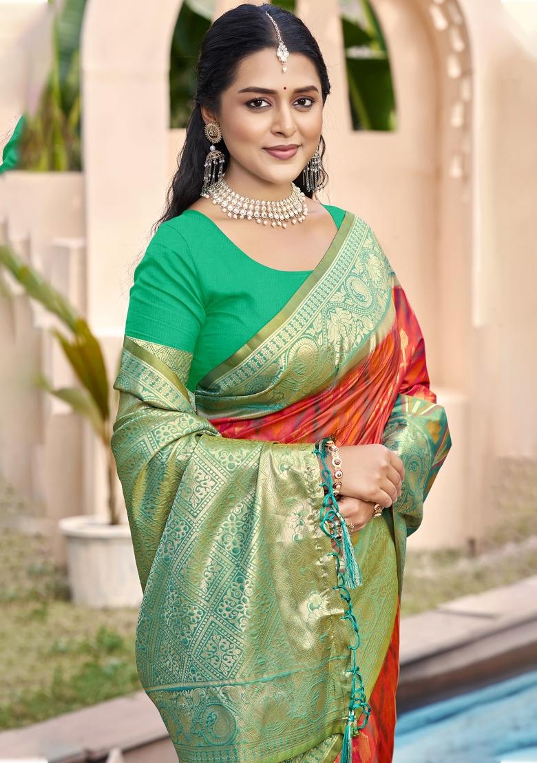 Orange Woven Zari Work Pochampalli Silk Saree Set - Indya