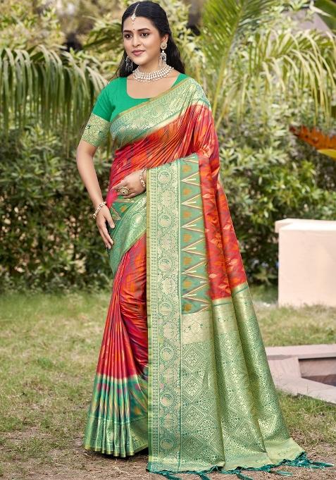 Orange Woven Zari Work Pochampalli Silk Blend Saree Set