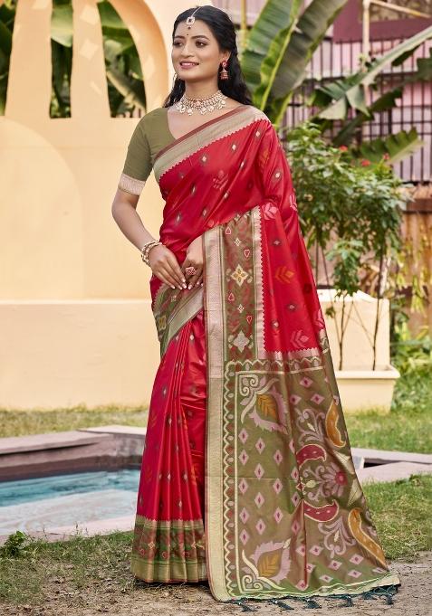 Red Woven Zari Work Pochampalli Silk Blend Saree Set