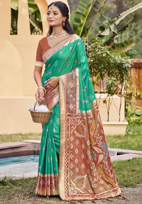 Green Woven Zari Work Pochampalli Silk Blend Saree Set