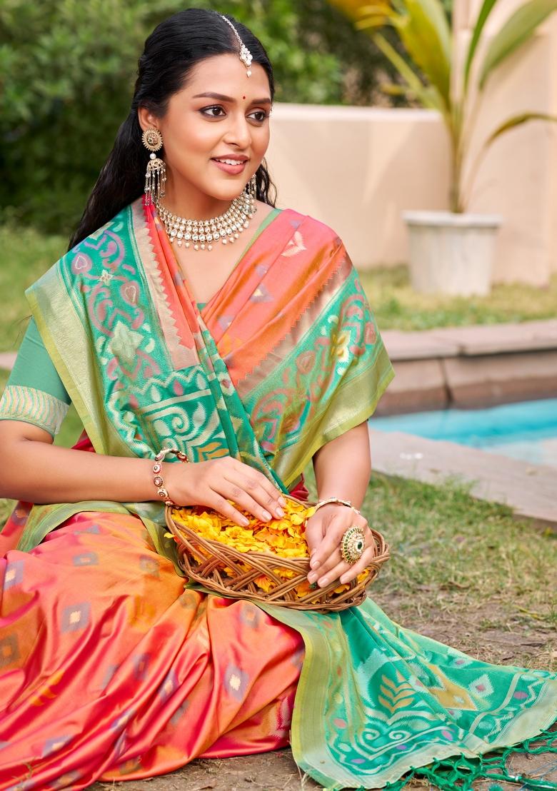 Orange Woven Zari Work Pochampalli Silk Saree Set - Indya