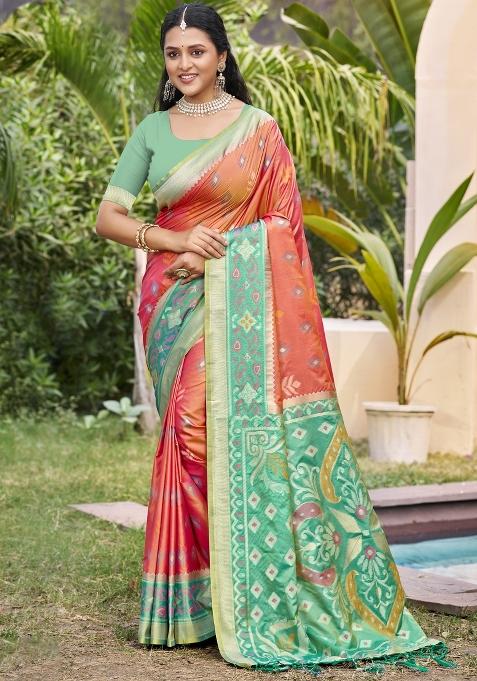 Orange Woven Zari Work Pochampalli Silk Blend Saree Set