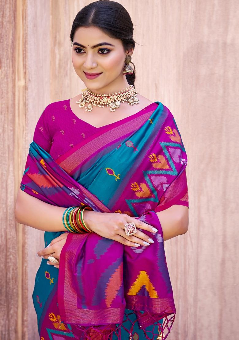 Sky Blue Woven Zari Work Pochampalli Silk Saree Set - Indya