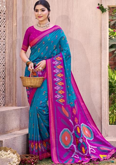 Sky Blue Woven Zari Work Pochampalli Silk Blend Saree Set