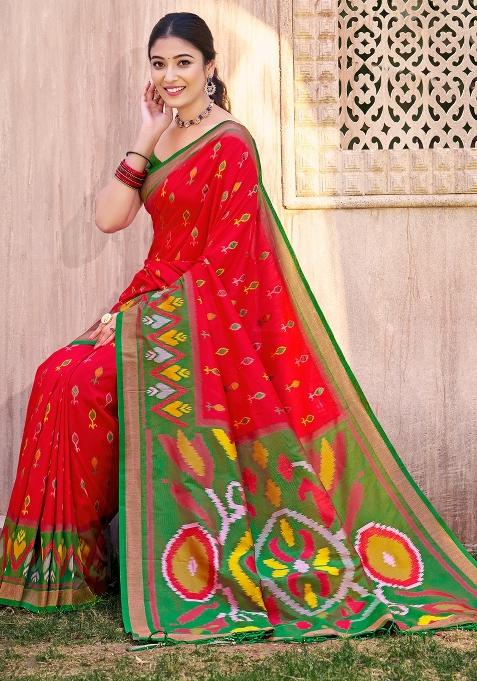 Red Woven Zari Work Pochampalli Silk Saree Set