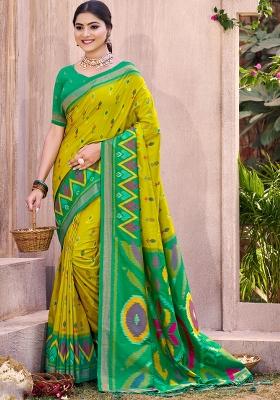 Olive Green Woven Zari Work Pochampalli Silk Saree Set