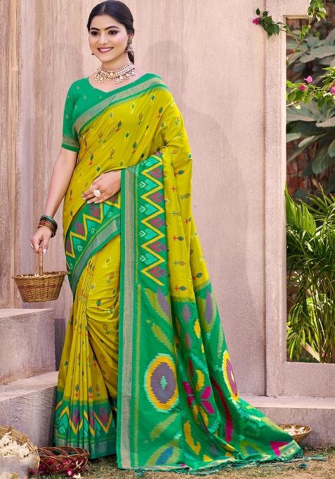 Olive Green Woven Zari Work Pochampalli Silk Saree Set